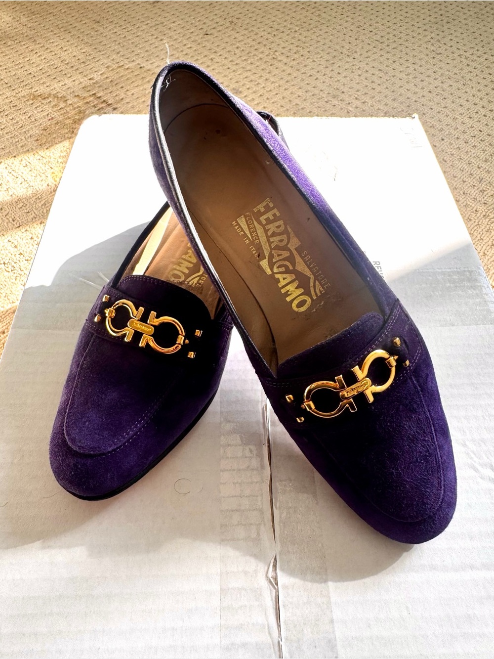 Vintage Salvatore Ferragamo Purple Suede Loafers with Gold Horsebit